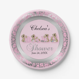 Roze en Zilver Damask met Teddy Bears Papieren Bordje