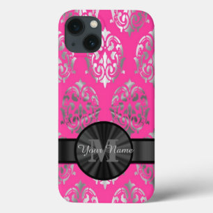 Roze en zilver gepersonaliseerd monogram iPhone 13 hoesje