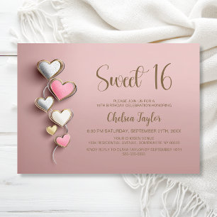 Roze en Zilver Hart Thema Sweet 16 Verjaardag Kaart