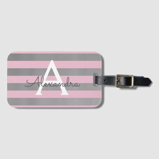 Roze en zilver monogram naam en initiaal bagagelabel (Voorkant (horizontaal))
