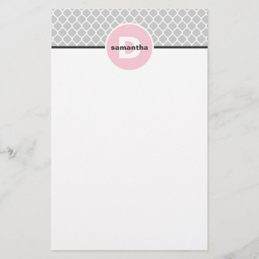 Roze en zilver Quatrefoil Monogram Briefpapier (Voorkant)