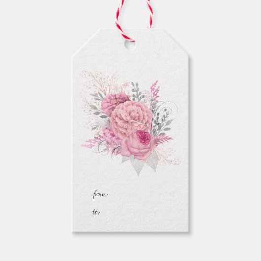Roze en zilveren bloemen cadeaulabel (Voorkant)