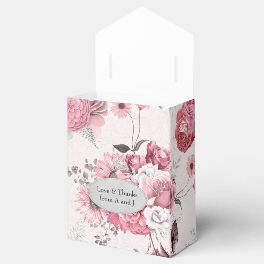 Roze en zilveren bloemig bedankdoosjes (Geopend)