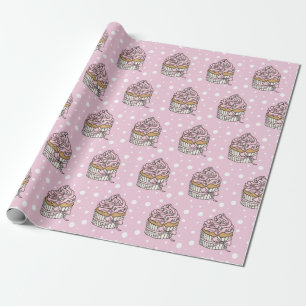 Roze en Zilveren Cupcakes Stippen Cadeaupapier