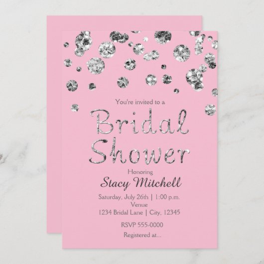 Roze en Zilveren Glitter Bruidsdouche Uitnodiging (Voorkant / Achterkant)