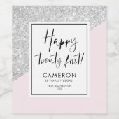 Roze en Zilveren Glitter Custom 21st Verjaardagsfe Wijn Etiket (Enkel label)