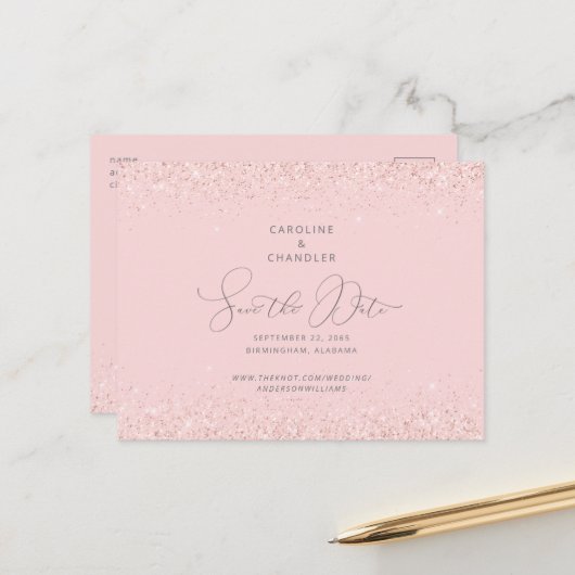 Roze en zilveren glitter Weddenschap Sparen de Dat Aankondigingskaart (Voorkant / Achterkant in situ)