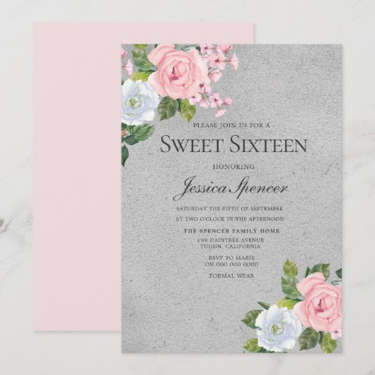 Roze en zilveren Rozen, gezoet 16 Invite Kaart (Voorkant / Achterkant)