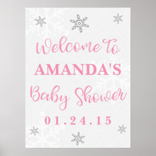 Roze en Zilveren Sneeuwvlok Baby Shower Welkom Bor Poster