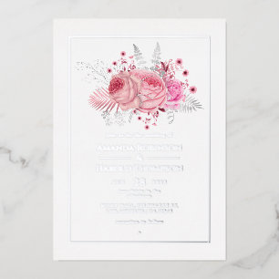 Roze en zilveren tropische Floral Wedding Folie Uitnodiging