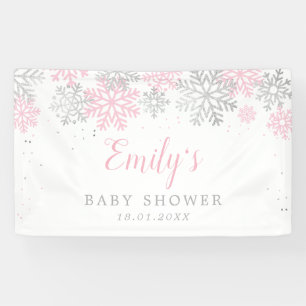 Roze en Zilveren Winter Sneeuwvlokken Meisje Baby  Spandoek
