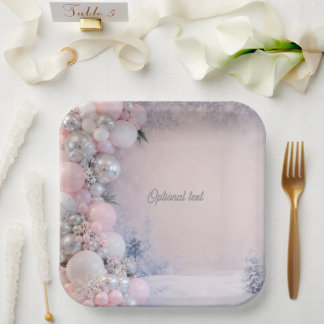 Roze en zilveren winterthema baby shower papieren bordje