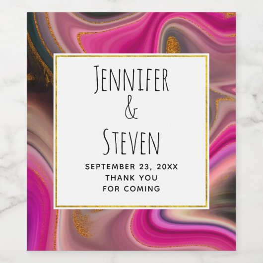 Roze en zwart Abstract met Gold Swirls Wedding Wijn Etiket (Enkel label)