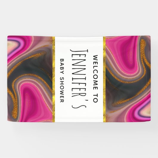 Roze en Zwart Abstract met Gouden Swirls Banner (Horizontaal)