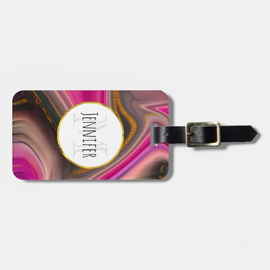 Roze en zwart, Abstract met goudzirls Monogram Bagagelabel (Voorkant horizontaal)