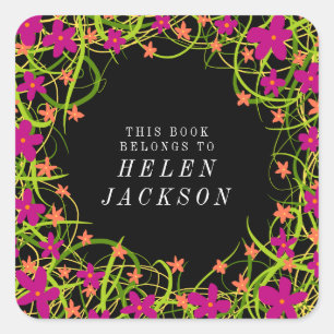  roze en zwart bloemenboek naam sticker