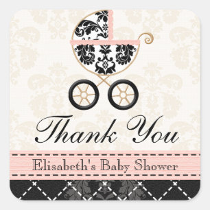 Roze en Zwart Damask Baby Carriage Bedankt Vierkante Sticker