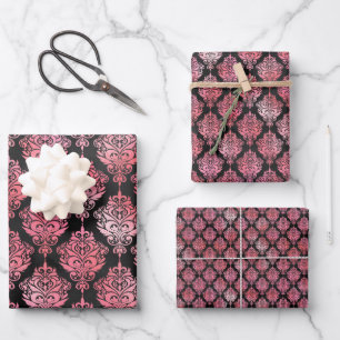 Roze en zwart Damask Patroon Inpakpapier Vel