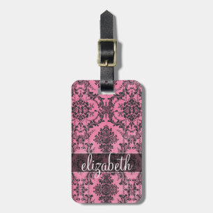 Roze en zwart Damaspatroon met monogram Bagagelabel
