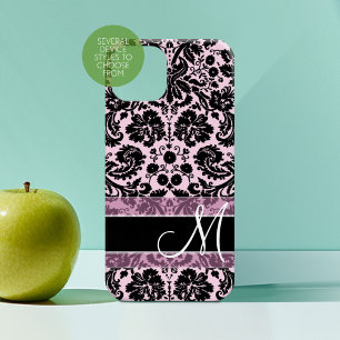 Roze en zwart Damaspatroon met monogram iPhone 16 Hoesje