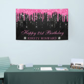 Roze en Zwart Dripping Glitter 21e Verjaardag Spandoek (Beurs)