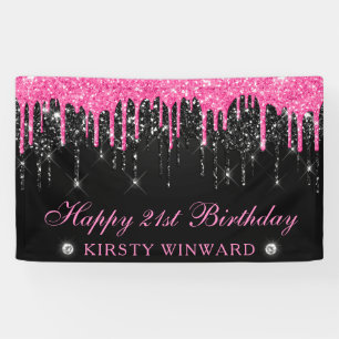 Roze en Zwart Dripping Glitter 21e Verjaardag Spandoek