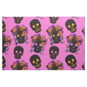 Roze en zwart Floral gekroonde schedels Halloween Stof