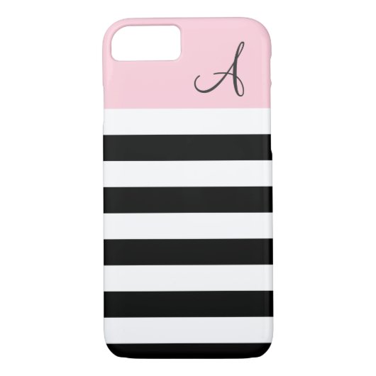 Roze en zwart gestreepte monogram iPhone 7 Hoesje (Achterkant)
