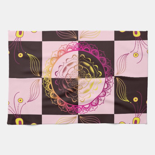 Roze en Zwart Grafische Kunst, Mystic Checkerboard Theedoek (Horizontaal)