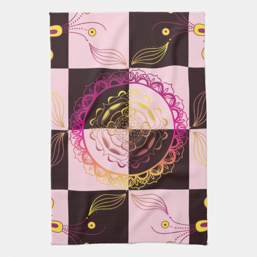 Roze en Zwart Grafische Kunst, Mystic Checkerboard Theedoek (Verticaal)