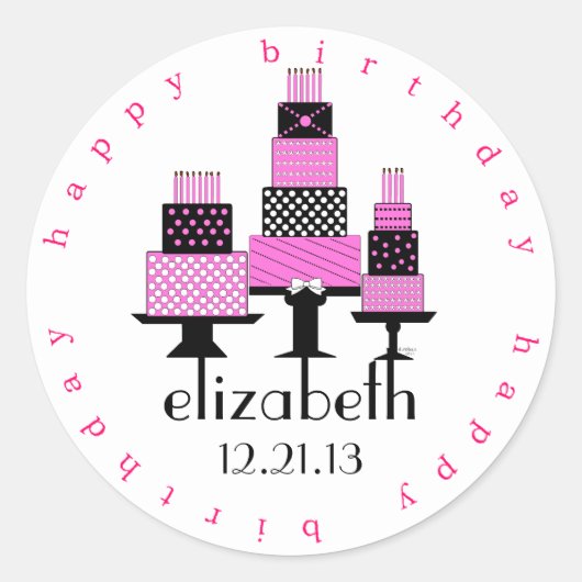 Roze en zwart Happy Birthday Cakes Ronde Sticker (Voorkant)
