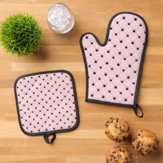 Roze en Zwart Kroonpatroon Ovenwant & Pannenlap Set