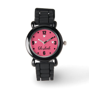 Roze en zwart met harten en naam horloge