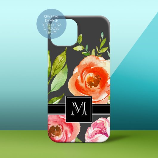 Roze en zwart met Waterverf bloemen en monogram Case-Mate iPhone Case