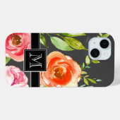 Roze en zwart met Waterverf bloemen en monogram Case-Mate iPhone Case (Achterkant (horizontaal))
