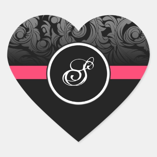 Roze en Zwart Monogram Hart Damast Stickers (Voorkant)