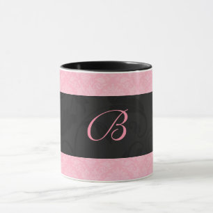 Roze en zwart Monogrammed Vrouwelijke Damask Mok