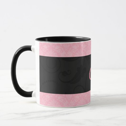 Roze en zwart Monogrammed Vrouwelijke Damask Mok (Links)