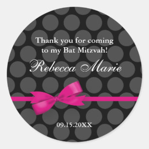Roze en Zwart Polka Dot Bow Bat Mitzvah Favor Ronde Sticker