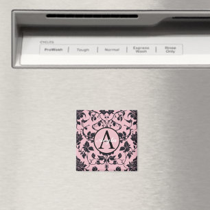 Roze en zwart Roos Damask Monogram Magneet