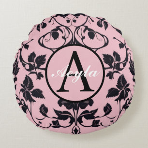 Roze en zwart Roos Damask Monogram Rond Kussen