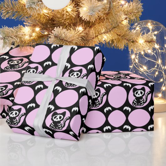 Roze en Zwart Skelet Kat Verpakkingsdocument Cadeaupapier (Feestdagen)