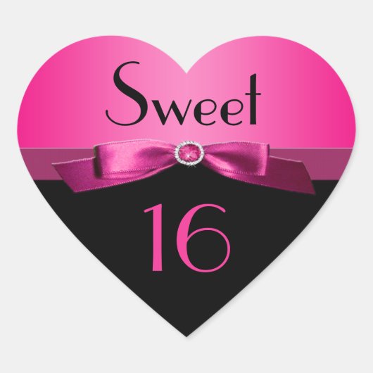 Roze en Zwart Sweet 16 Heart Shaped Sticker (Voorkant)