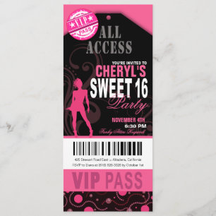 Roze en zwart VIP Sweet 16 Ticket Party Kaart