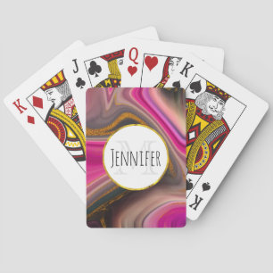 Roze en zwarte abstracte met gouden kronkels monog pokerkaarten