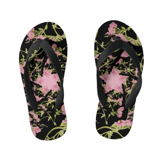 Roze en zwarte Achillea fractale kunst Kinder Teenslippers (Voetbed)