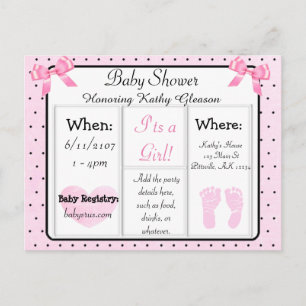 Roze en Zwarte Baby shower Uitnodiging Briefkaart