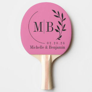 Roze en Zwarte Blad Bruiloftsmonogram Tafeltennisbatje