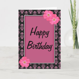  roze en zwarte bloemen Happy Birthday Kaart