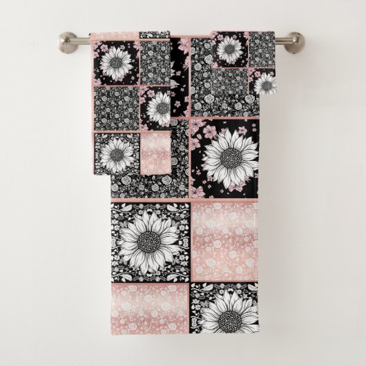 Roze en Zwarte Bloemen Patchwork Patroon Bad Handdoek (Insitu)